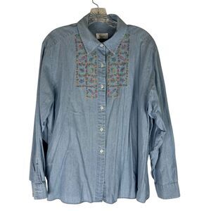 Foxcroft Vintage 90s Shirt Women’s Blue Floral Embroidered Button Down Cotton 16